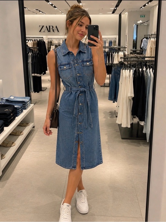 Zara Dresses & Skirts - Zara Womens Blue Denim Sleeveless Button Front Belted Midi Dress Large